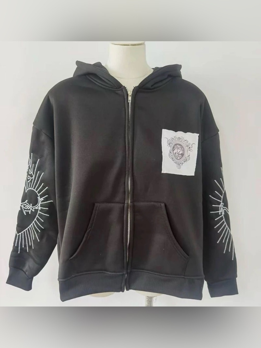 Black Zip-Front Hooded Sweater with White Graphic Patch